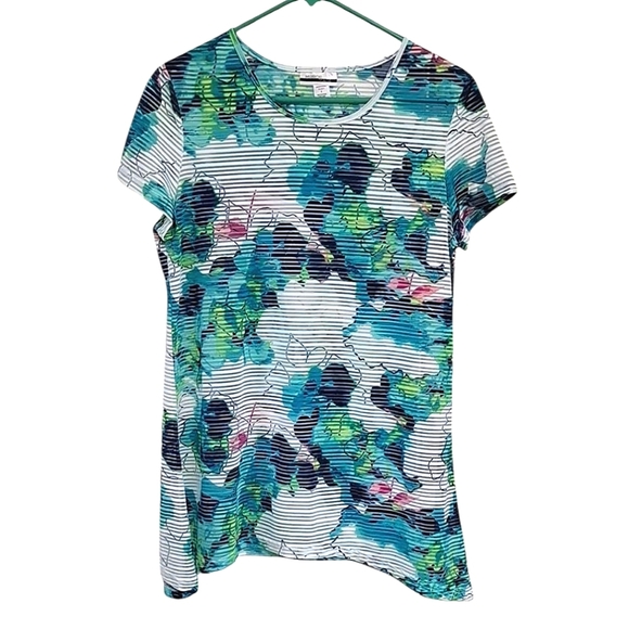 Mirror Image Blue and White Fitted Graphic Short Sleeve Top Size Small - Picture 1 of 6